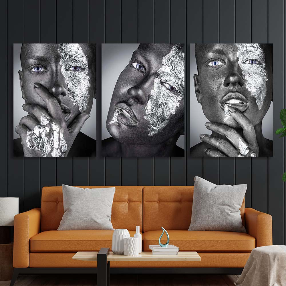 Three-piece modular Blue-eyed woman Canvas Wall Art Print