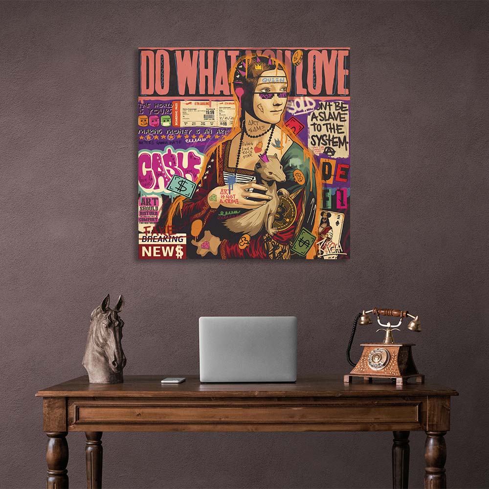 Pop-Art-Druck „Dame mit Hermelin und Bitcoin“ auf Leinwand