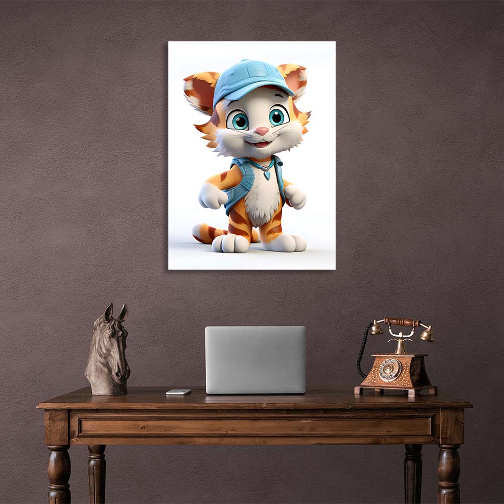 To the children's room A tiger cub in a cap with a backpack Canvas Wall Art Print