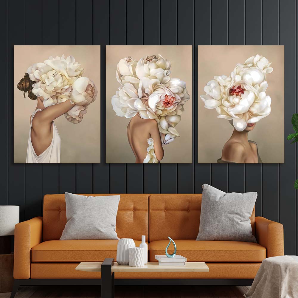 Girls with flowers on their heads on a beige background Canvas Wall Art Print