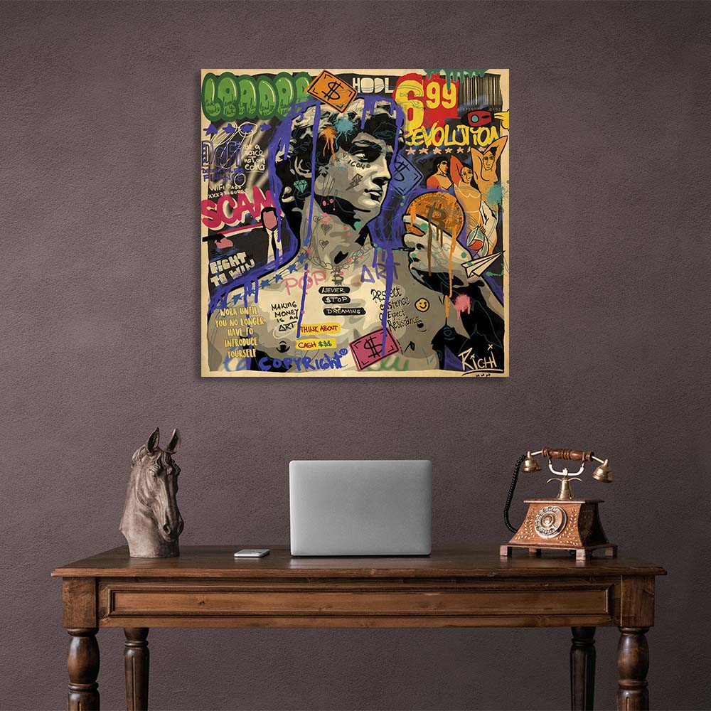 Pop-Art-Statue von David mit Bitcoin auf Leinwand, Wand-Kunstdruck