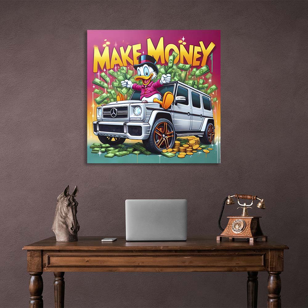 Inspirierender Kunstdruck auf Leinwand, Motiv „Scrooge on Mercedes Make Money“