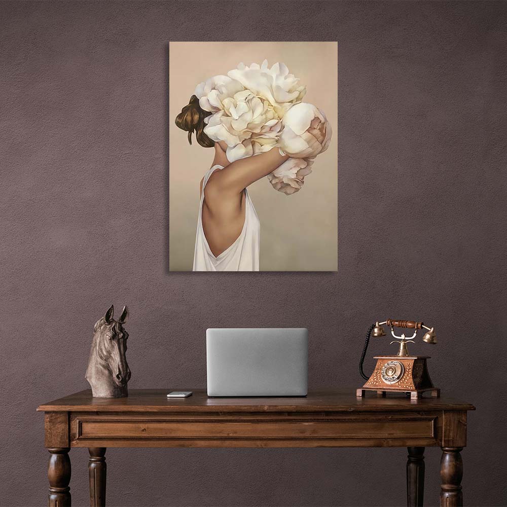 Girl with flowers on her head on light background Canvas Wall Art Print