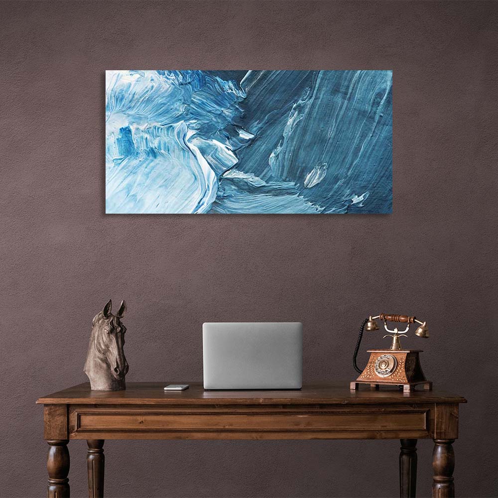 Abstraktion Leinwand Wand Kunstdruck abstrakt horizontal blau und weiß Pinselstriche