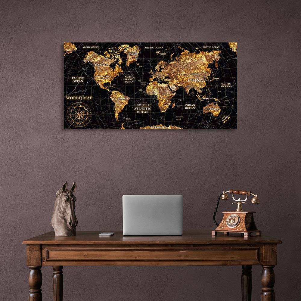 Canvas Wall Art Print Map of the New World black with gold 2