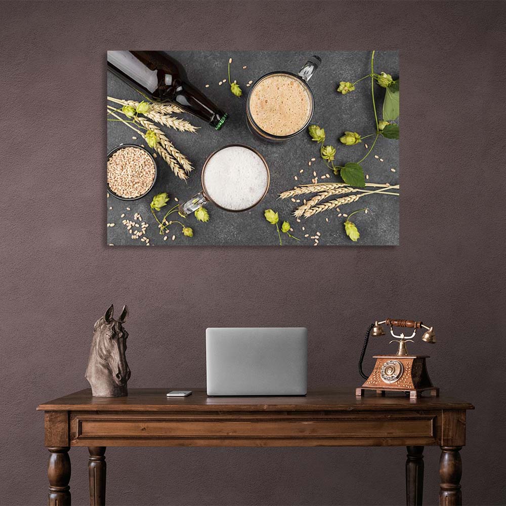 Canvas Wall Art Print For Kitchen 2 mugs of beer, hops and malt