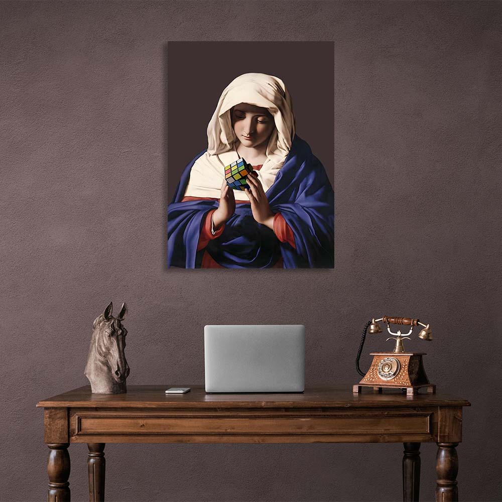 Canvas Wall Art Print Virgin Mary with rubik's cube