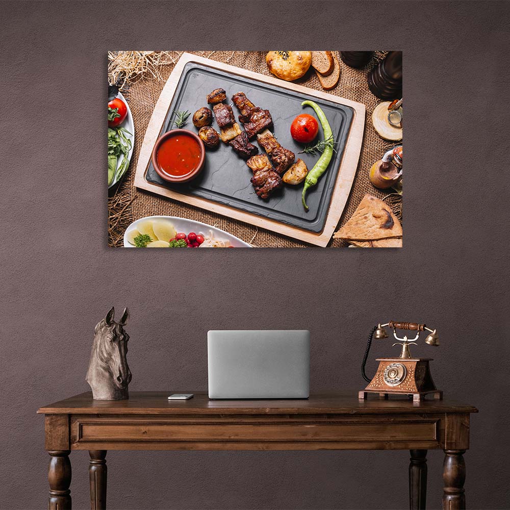 Für die Küche Schaschlik mit gebackenen Kartoffeln und Paprika Leinwand Wand Kunstdruck für die Küche