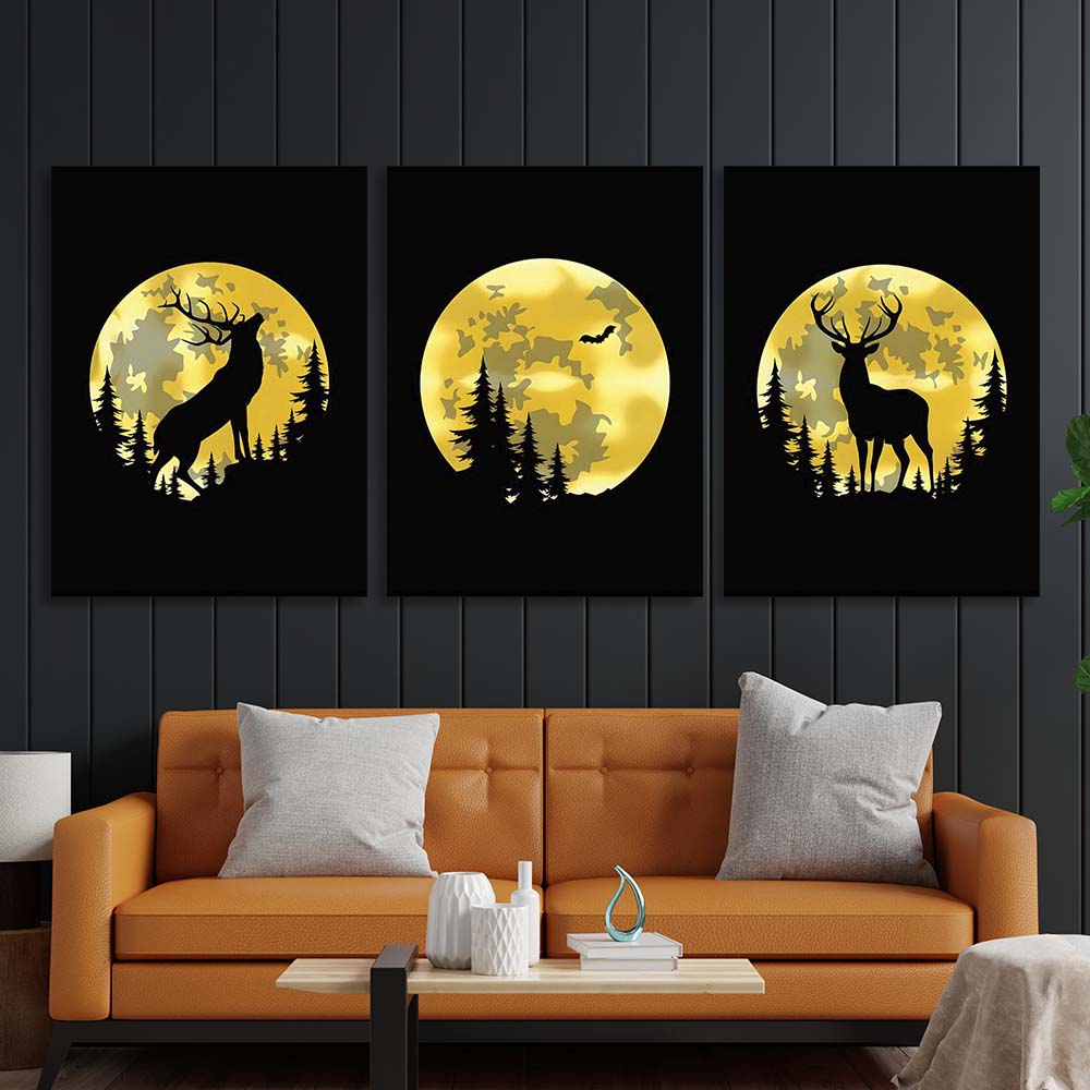 Multi Panel Canvas Wall Art Print Stag on the background of the golden moon