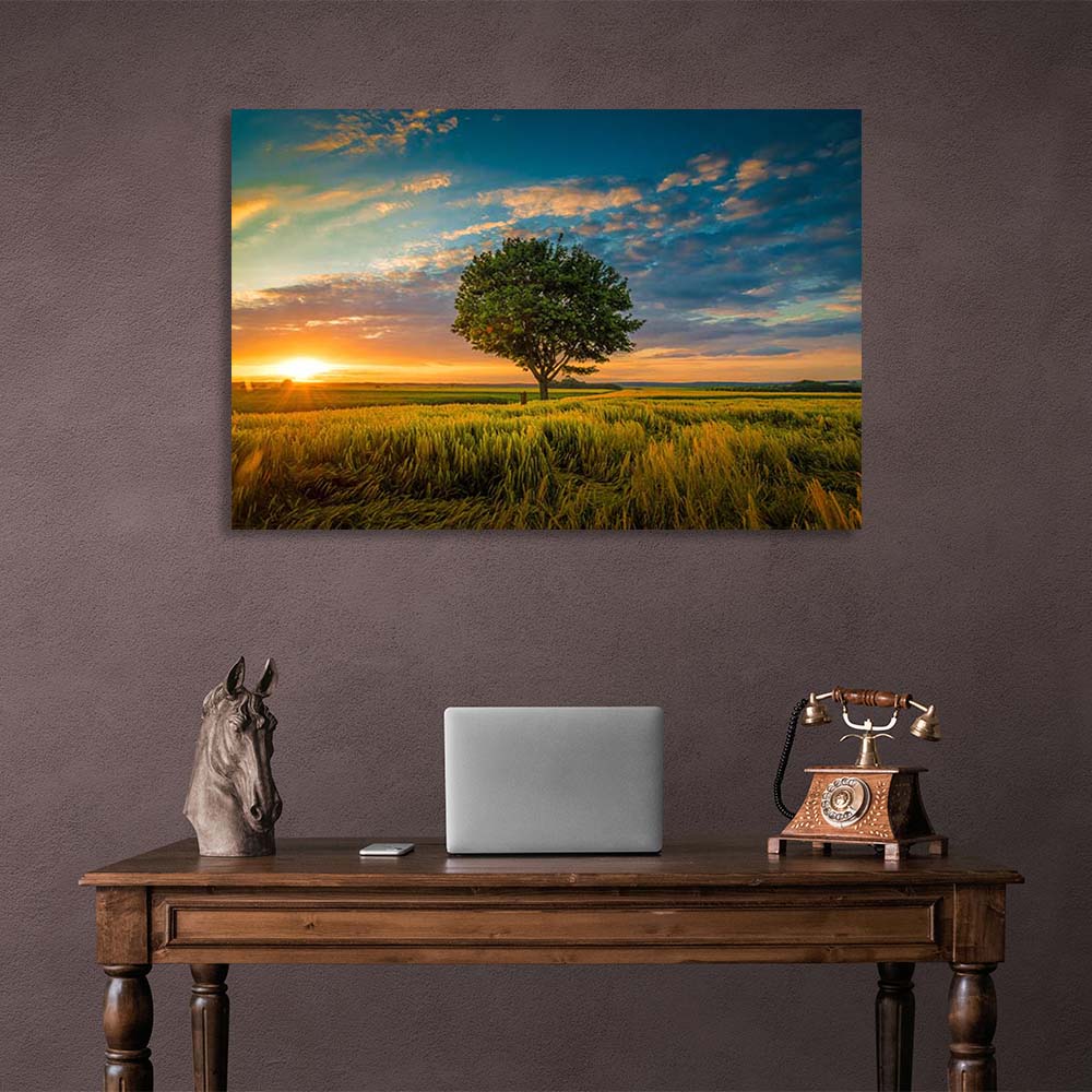 Leinwandbild, Wandbild, Baum mitten auf einem Feld bei Sonnenuntergang