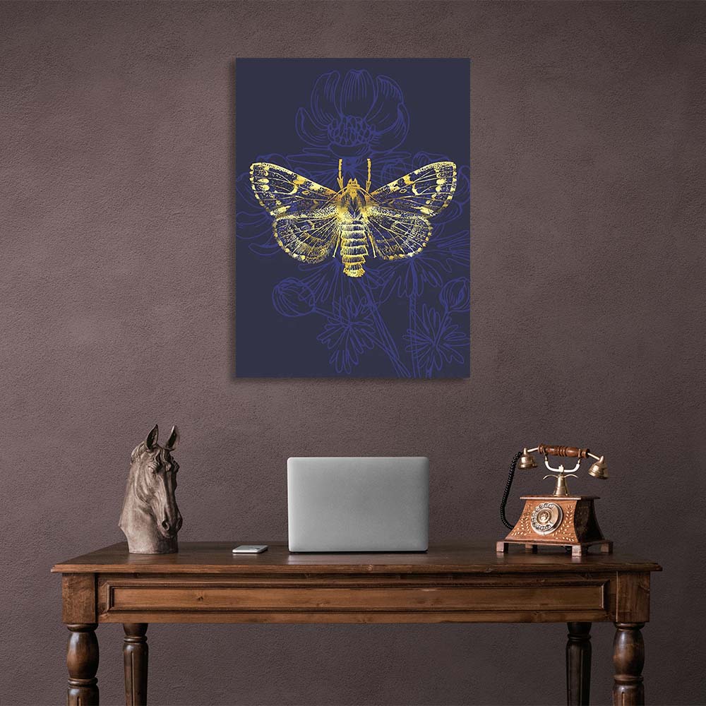 Canvas Wall Art Print Golden moth on dark blue background