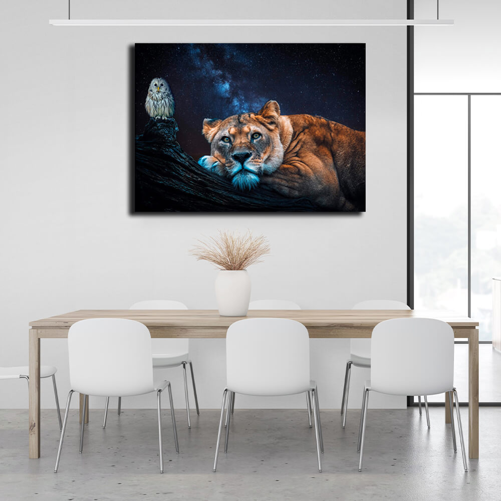 A lioness and an owl Canvas Wall Art Print