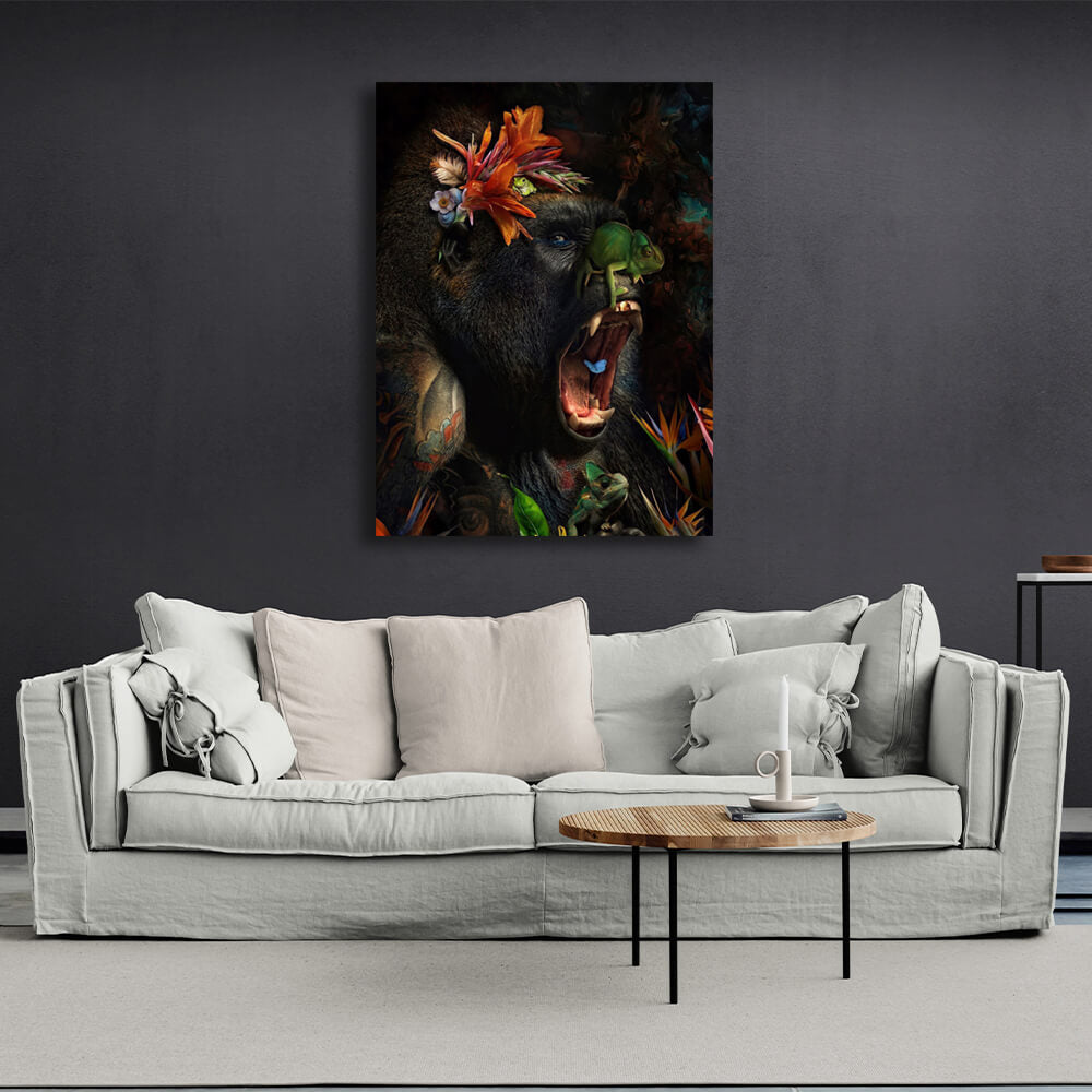 Kunstdruck auf Leinwand, Motiv Gorilla und Blumen