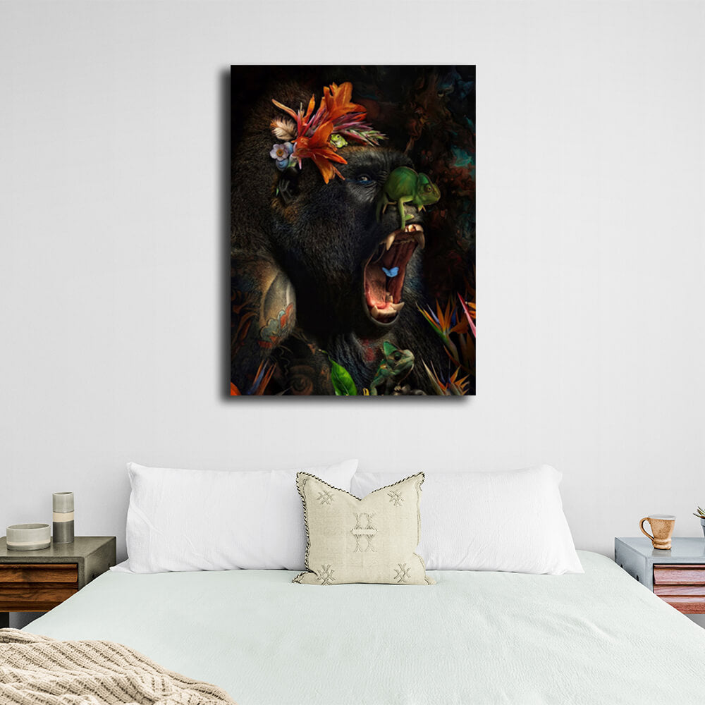 Gorilla and flowers Canvas Wall Art Print