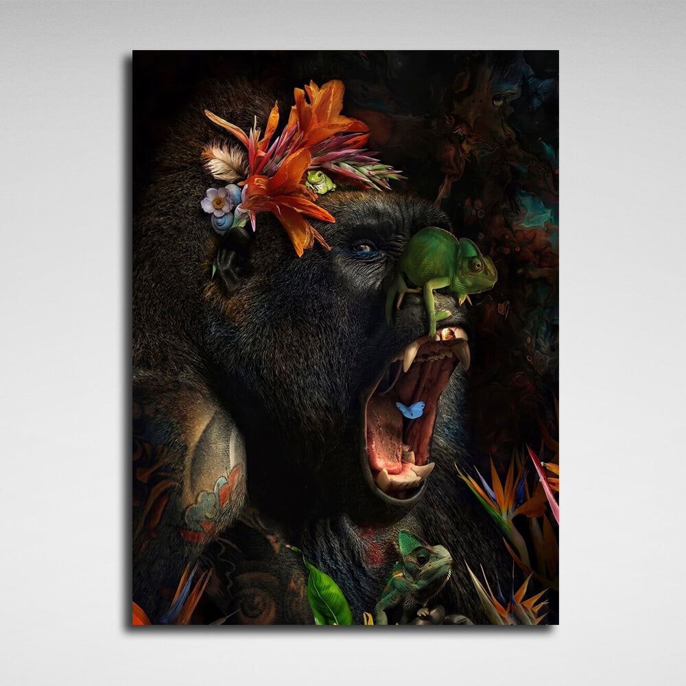 Kunstdruck auf Leinwand, Motiv Gorilla und Blumen