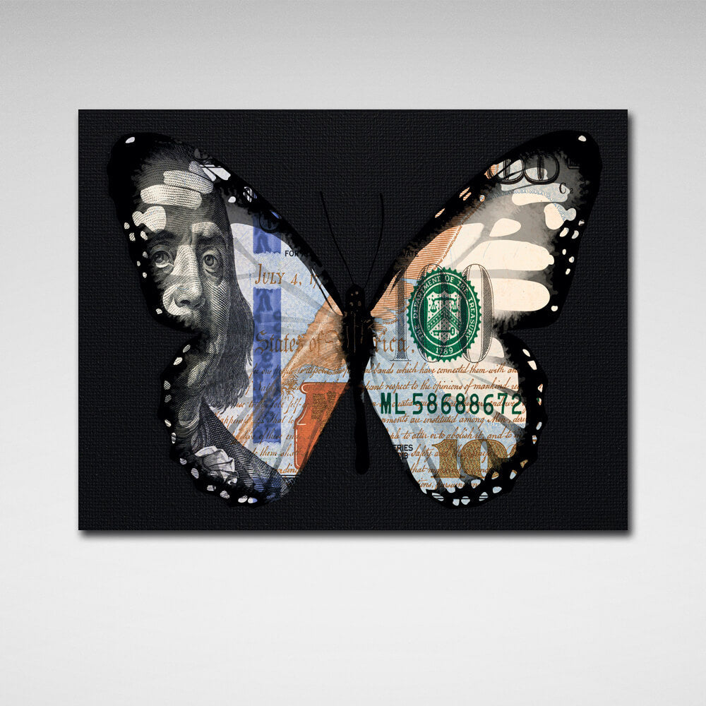 Schmetterling Dollar schwarz motivierende Leinwand Wand Kunstdruck