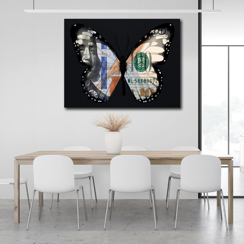 Schmetterling Dollar schwarz motivierende Leinwand Wand Kunstdruck