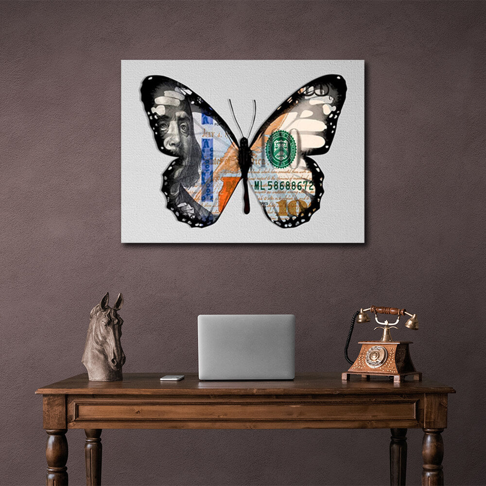 Schmetterling Dollar weiß motivierende Leinwand Wand Kunstdruck