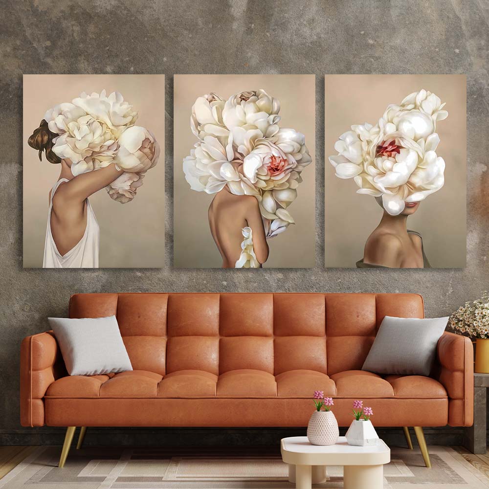 Girls with flowers on their heads on a beige background Canvas Wall Art Print