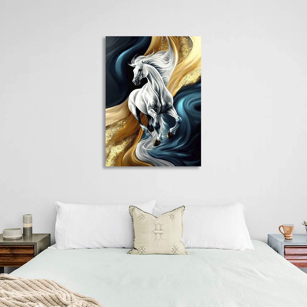 Canvas Wall Art Print White horse on blue-gold background