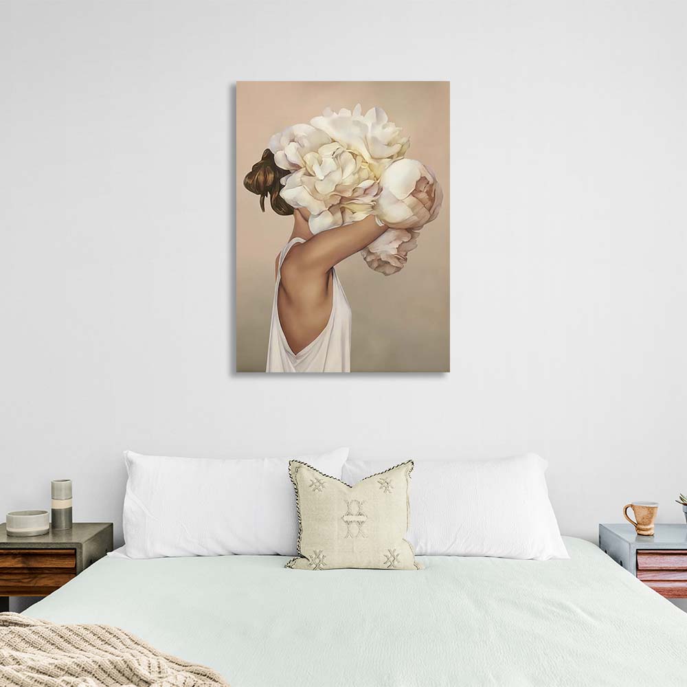 Girl with flowers on her head on light background Canvas Wall Art Print