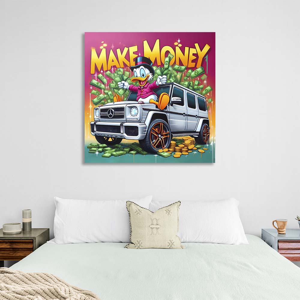 Inspirierender Kunstdruck auf Leinwand, Motiv „Scrooge on Mercedes Make Money“