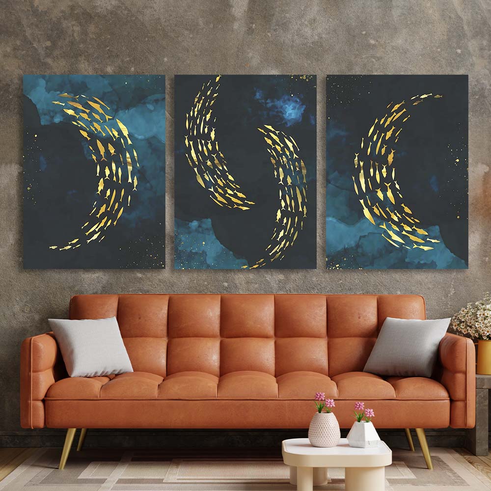 Multi Panel Canvas Wall Art Print Golden fish on a blue background