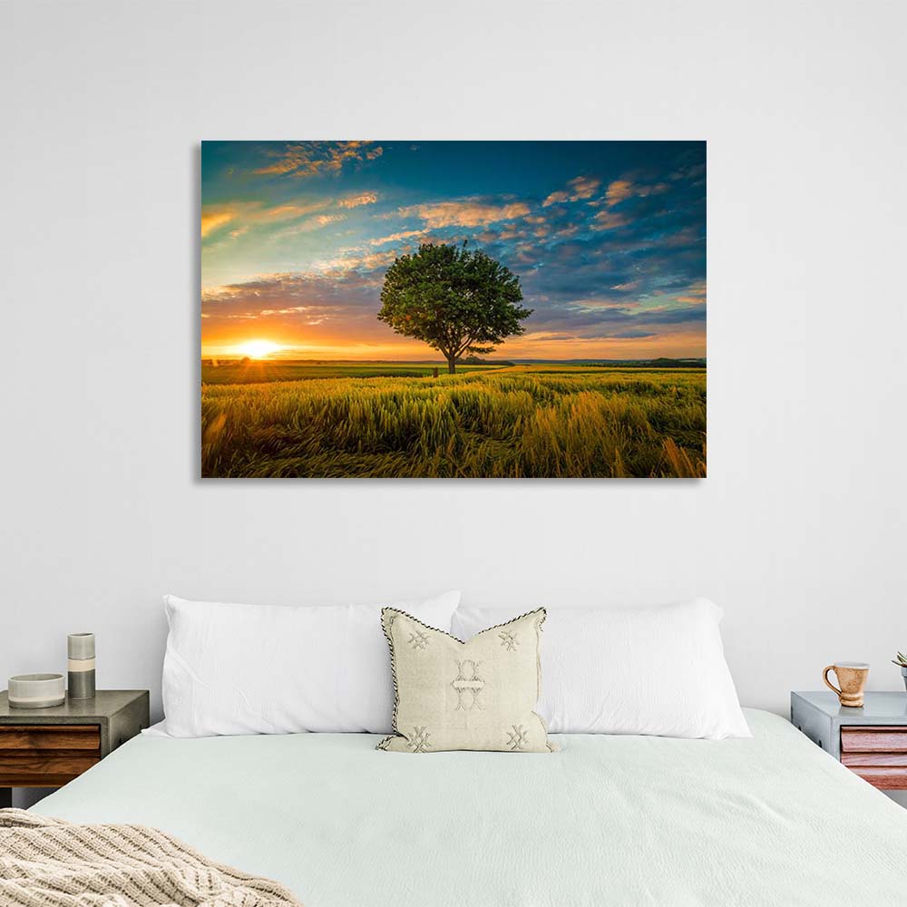 Canvas Wall Art Print Tree in the middle of a field at sunset