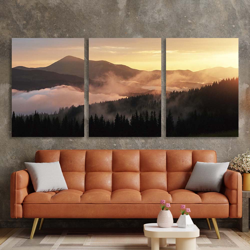 Kunstdruck auf Leinwand, mehrteilig, Nebel in den Sonnenuntergangsbergen