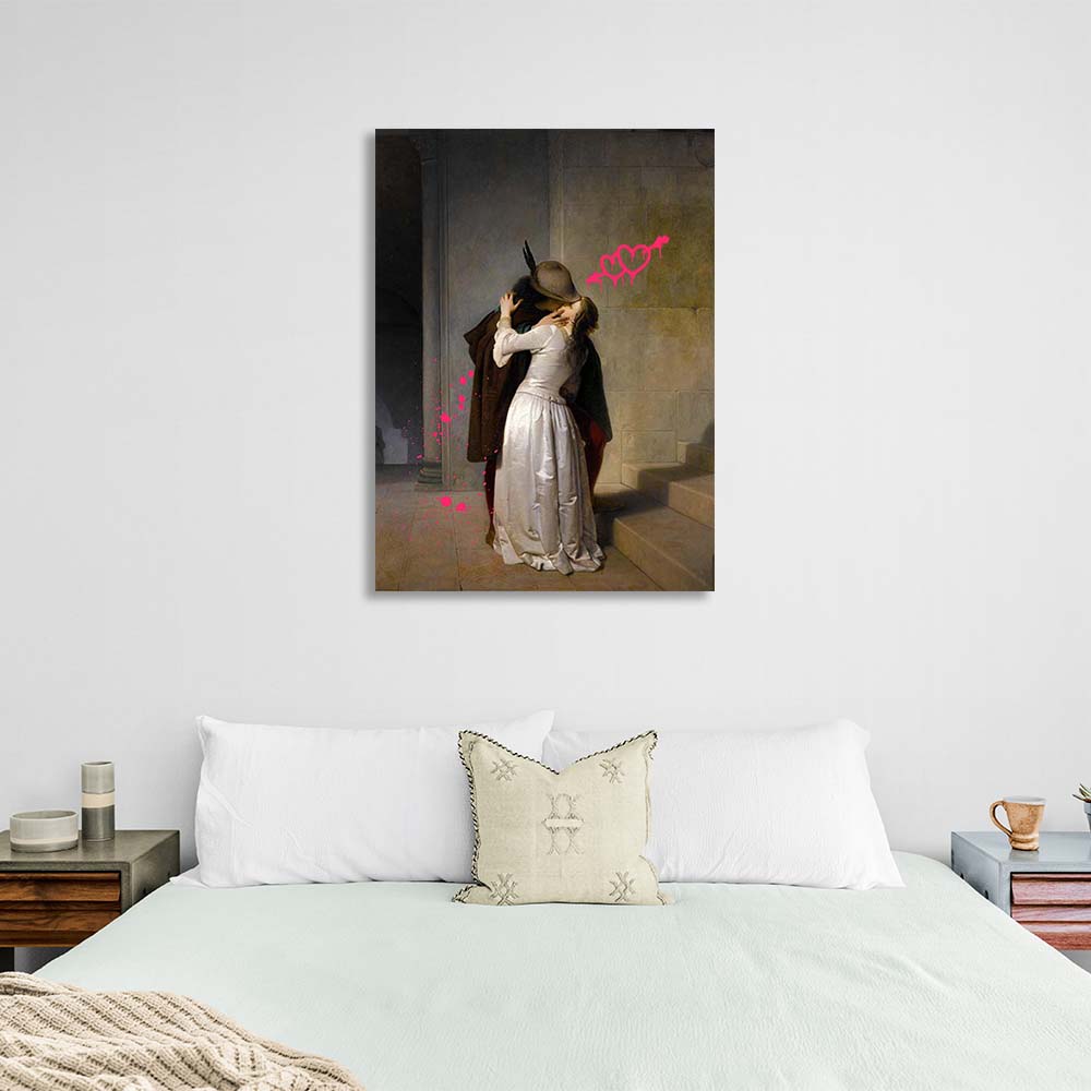 Canvas Wall Art Print Kiss by F. Ayets with pink hearts