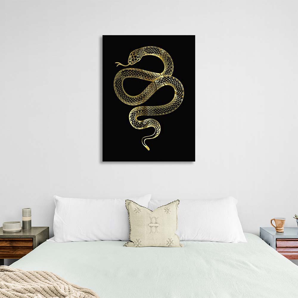 Canvas Wall Art Print Golden snake on black background