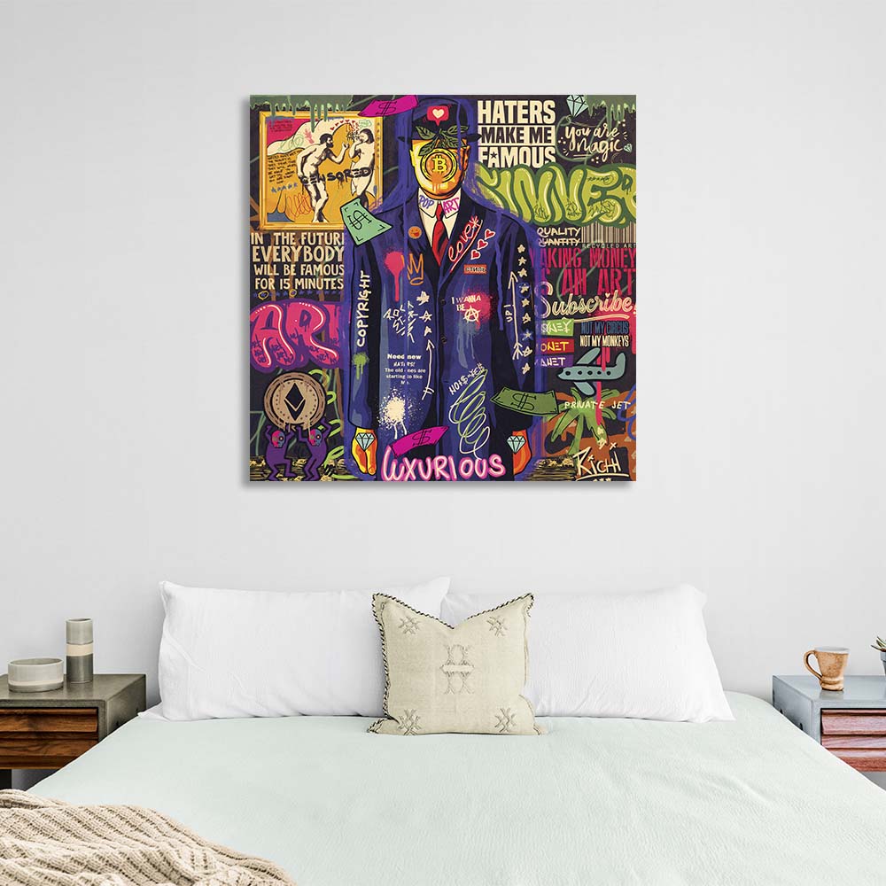 Pop-Art-Kunstdruck „Son of Man“ mit Bitcoin auf Leinwand