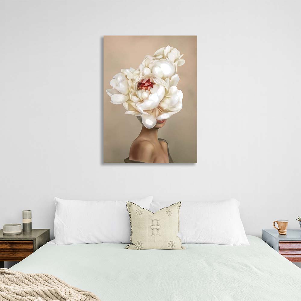 Girl with flowers on her head on beige background Canvas Wall Art Print