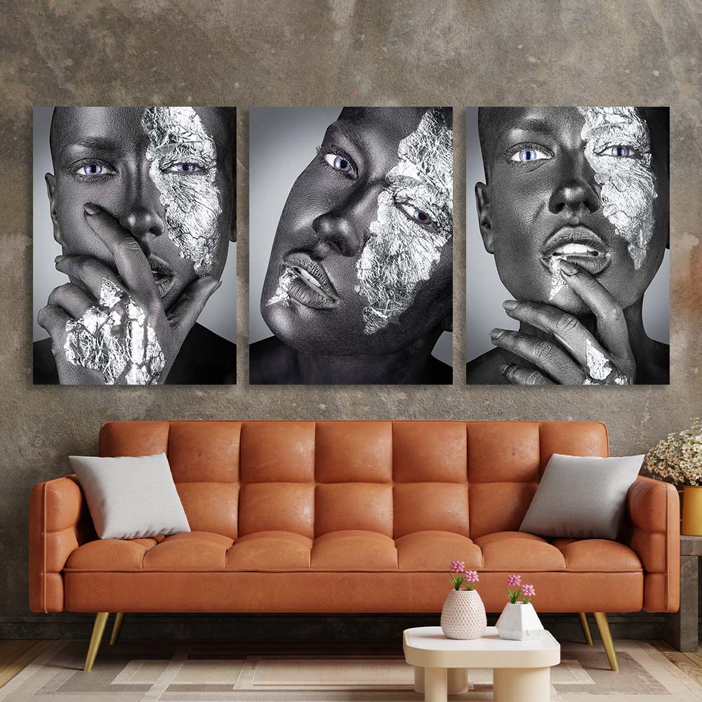 Three-piece modular Blue-eyed woman Canvas Wall Art Print