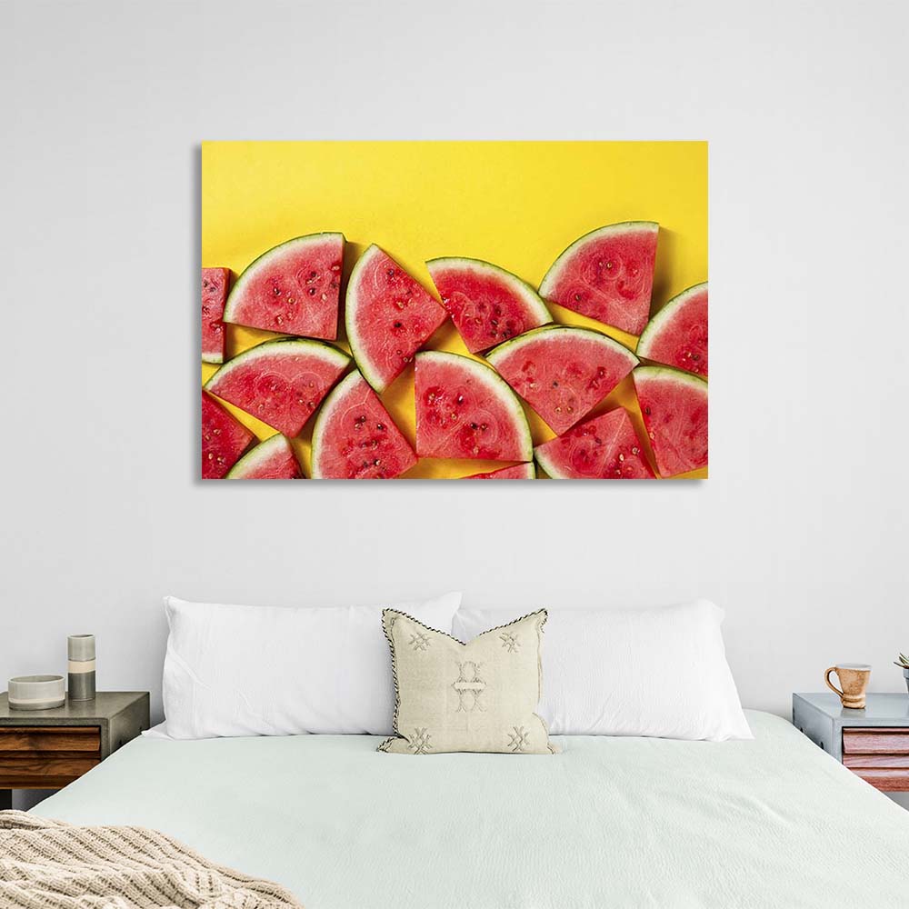 Canvas Wall Art Print For Kitchen Sliced watermelon on a yellow background