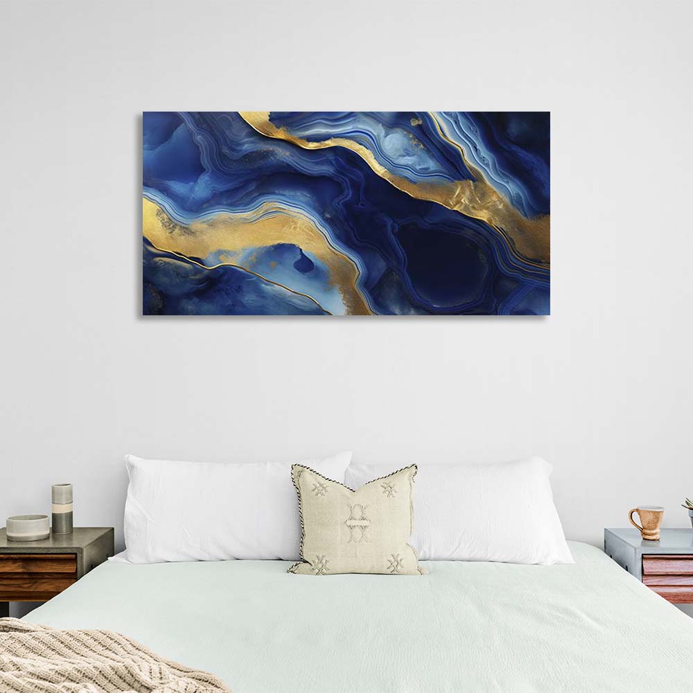 Abstrakter Leinwand-Kunstdruck, tiefblauer Marmor mit Gold