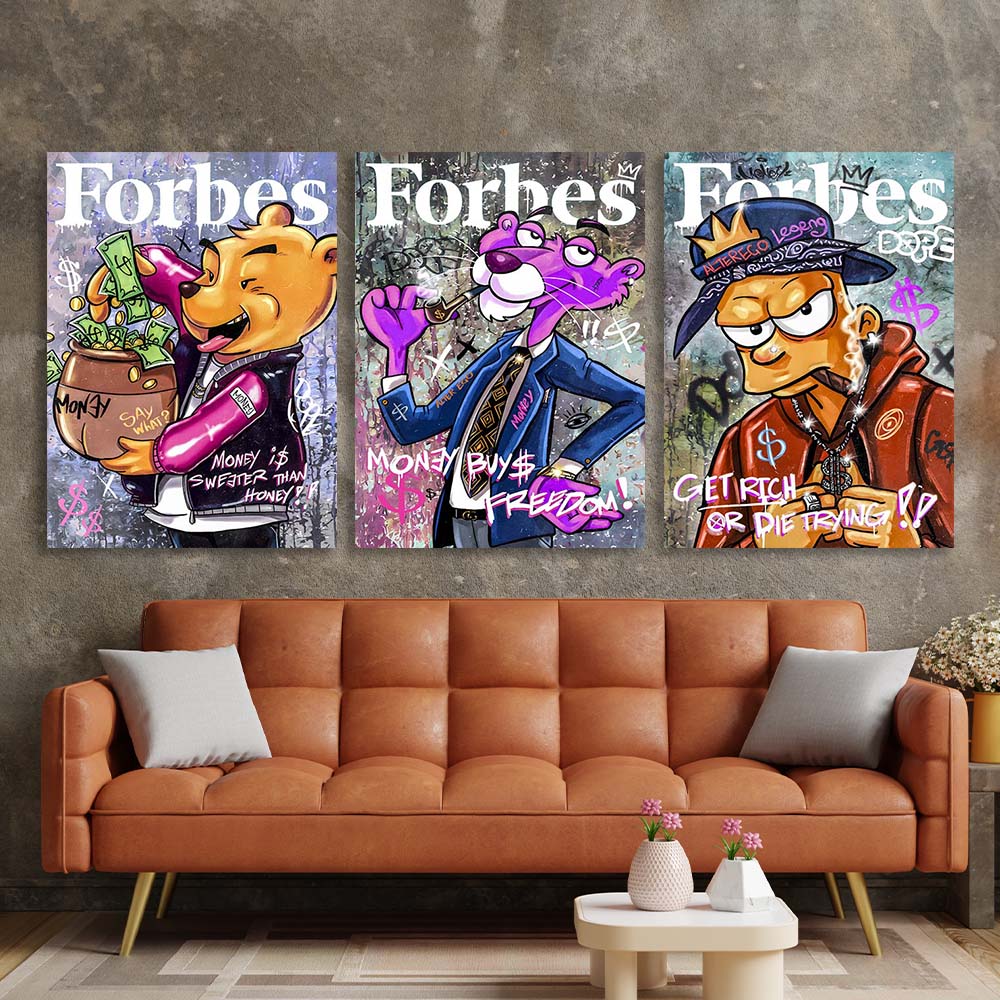 Mehrteiliger Kunstdruck auf Leinwand, Zeichentrickfiguren auf dem Cover des Forbes