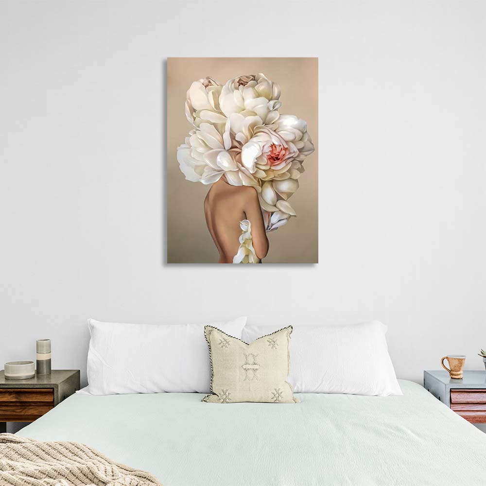 Girl with flowers on her head on brown background Canvas Wall Art Print