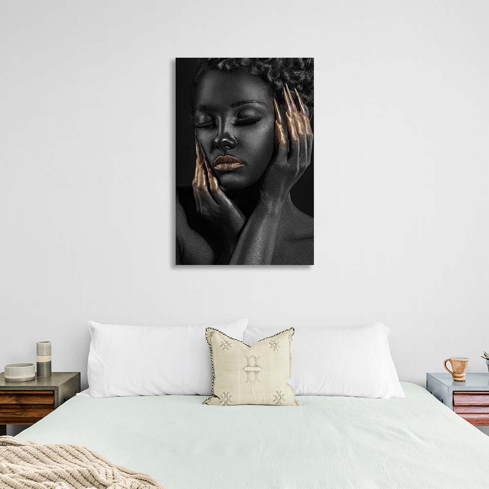 Canvas Wall Art Print Dark-skinned girl with golden manicure