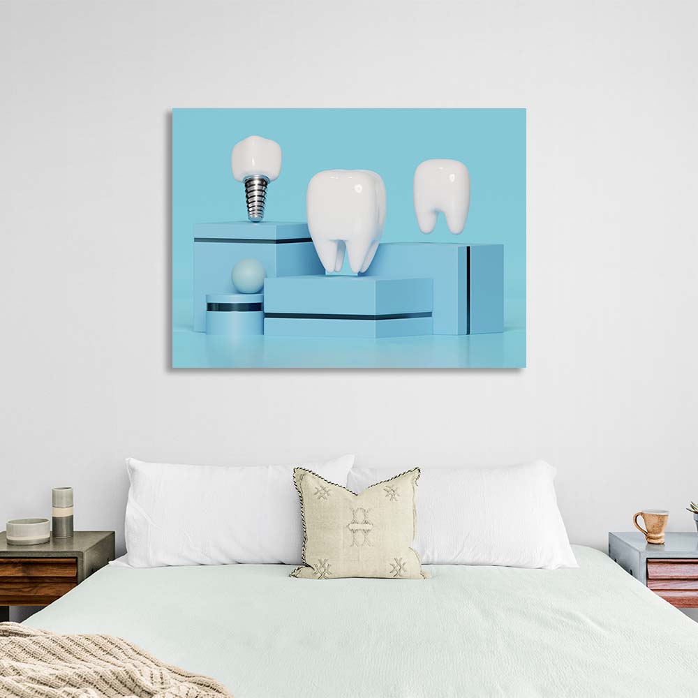 For dentistry 3 teeth on blue stands Canvas Wall Art Print