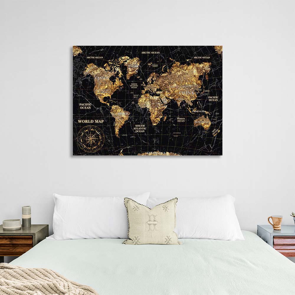 Leinwandbild, Wandbild, Karte der Neuen Welt, schwarz mit Gold