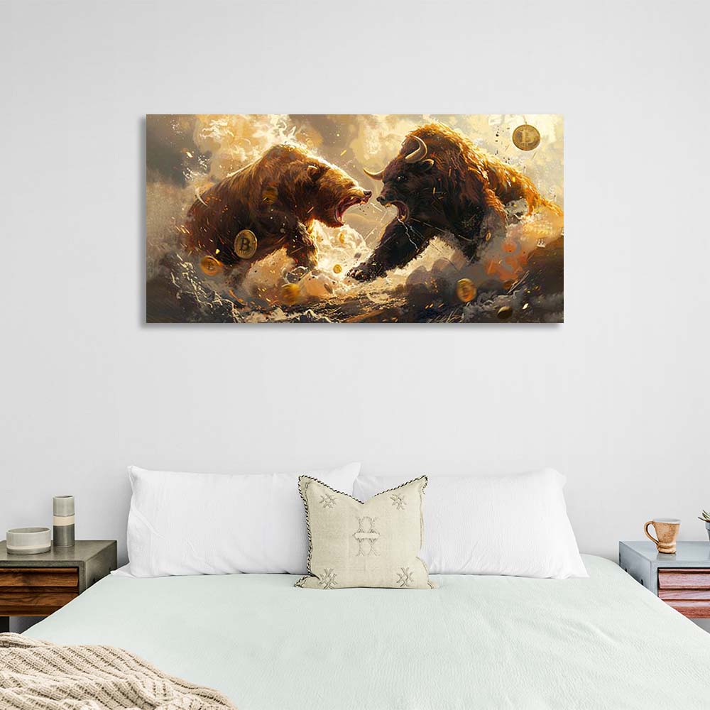 Inspirierender Kunstdruck auf Leinwand, Motiv: Bulle vs. Bär