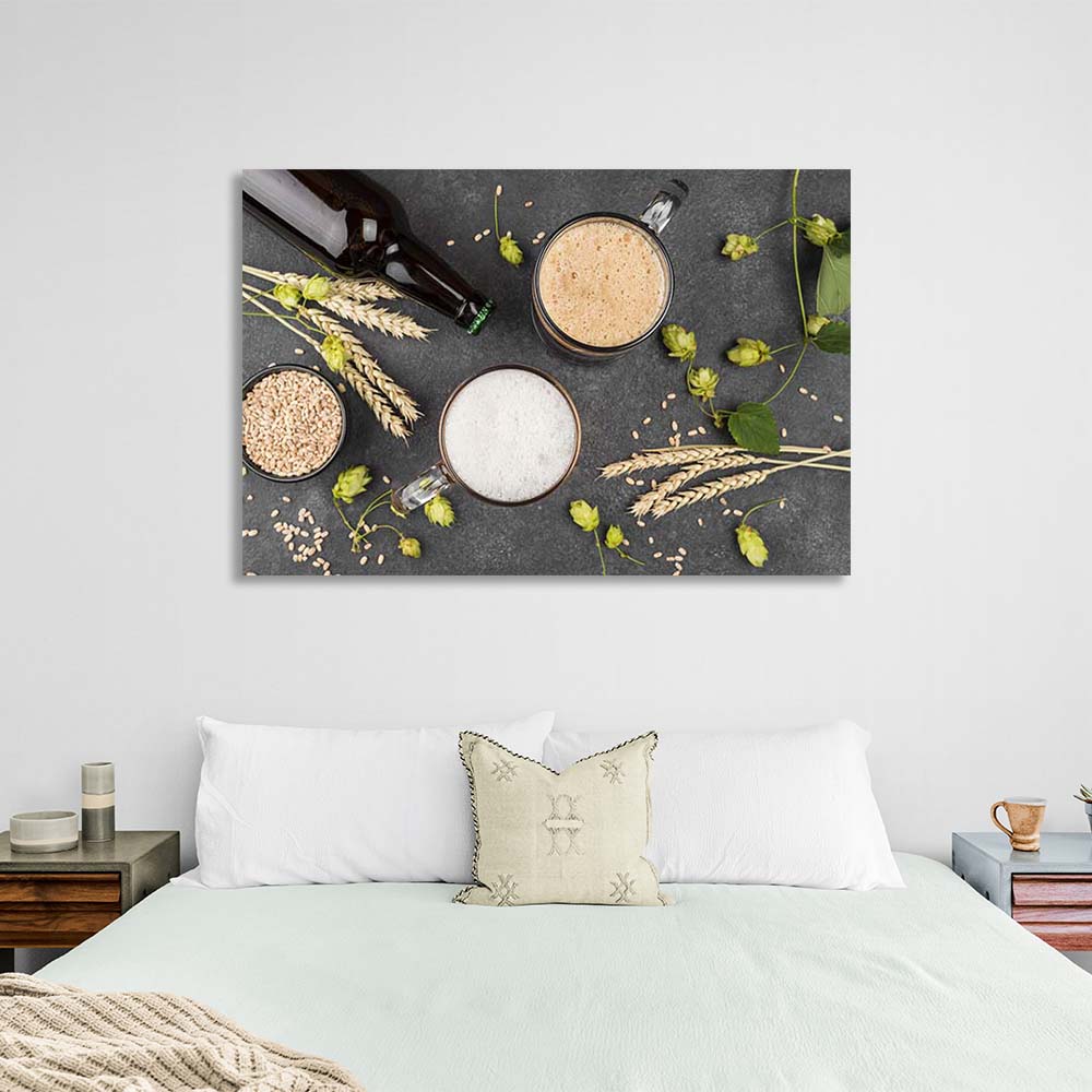 Canvas Wall Art Print For Kitchen 2 mugs of beer, hops and malt