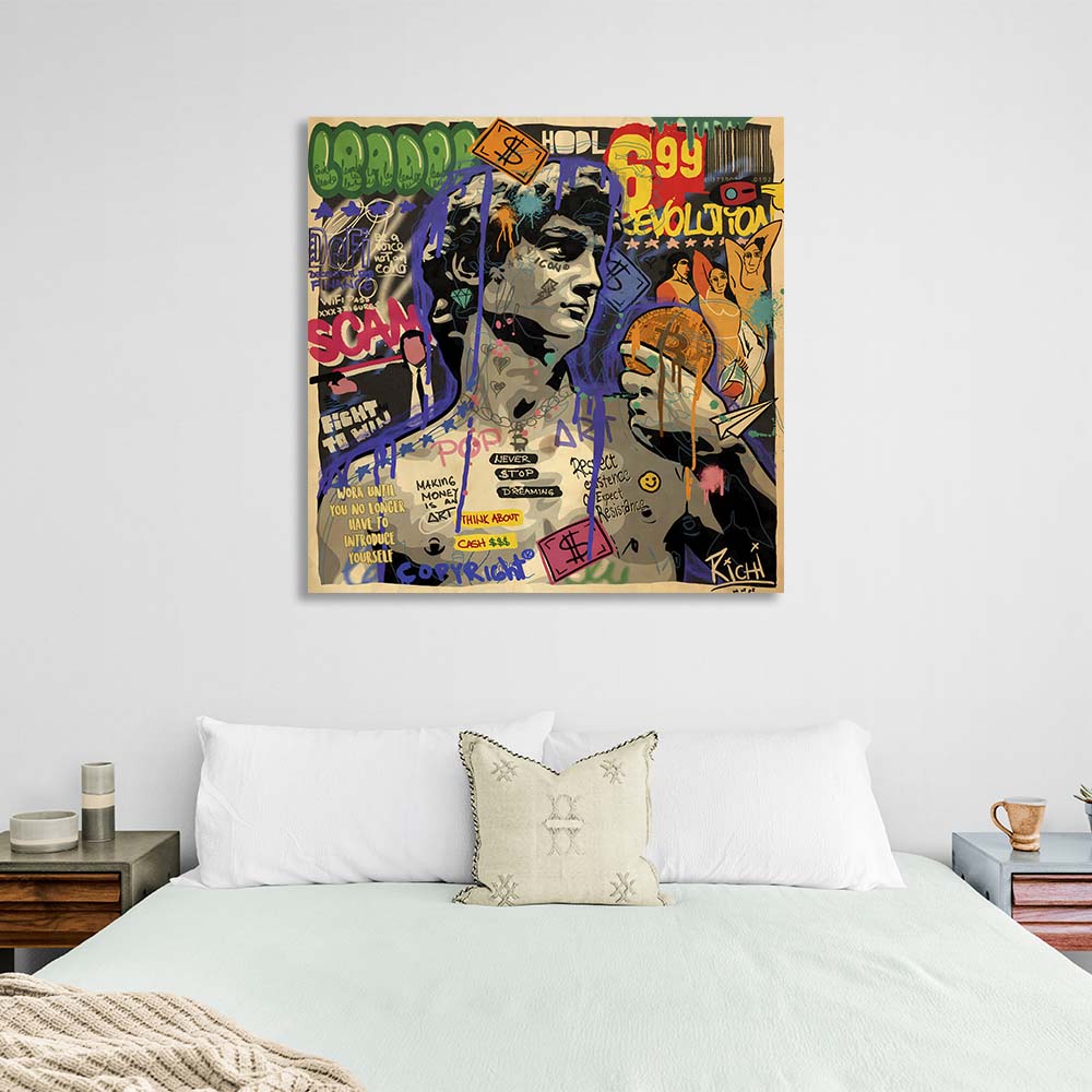 Pop-Art-Statue von David mit Bitcoin auf Leinwand, Wand-Kunstdruck