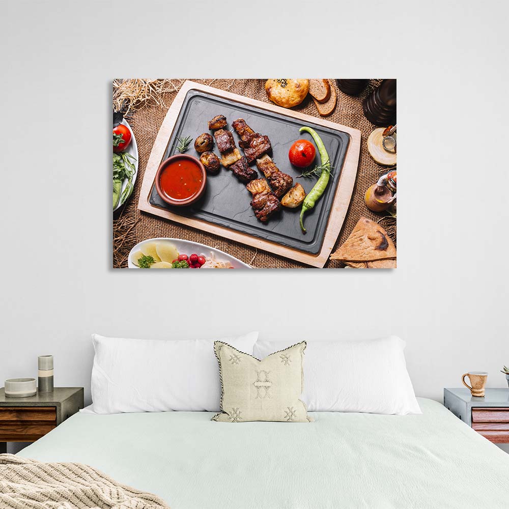 Für die Küche Schaschlik mit gebackenen Kartoffeln und Paprika Leinwand Wand Kunstdruck für die Küche