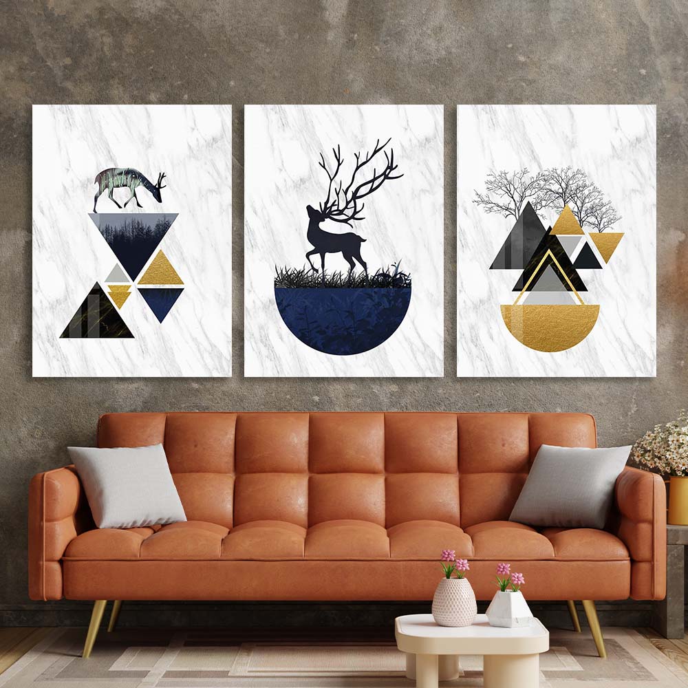 Multi Panel Canvas Wall Art Print Painting on canvas on the wall modular Deer on the background of geometric abstraction