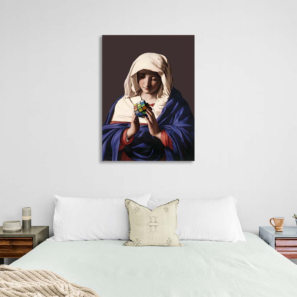 Canvas Wall Art Print Virgin Mary with rubik's cube