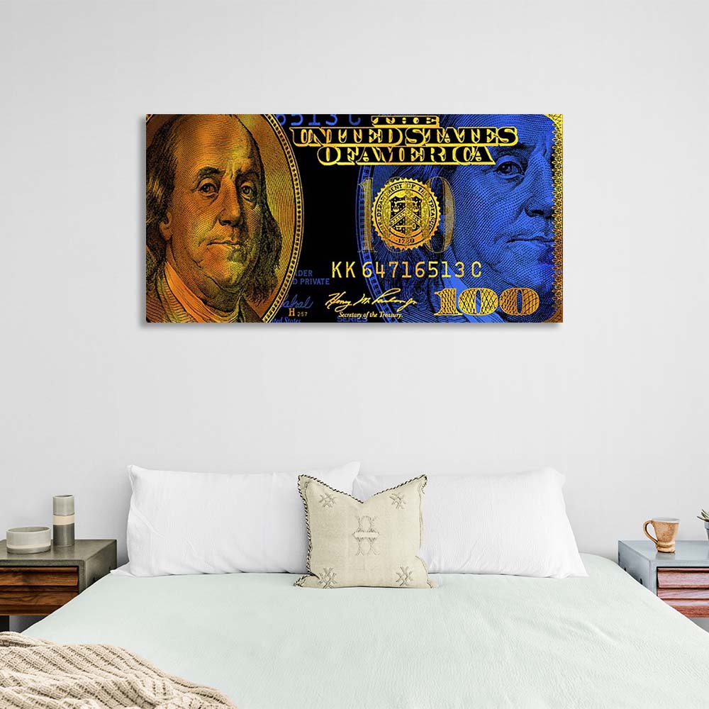 Inspirierender Leinwand-Kunstdruck „100 Dollar“ in Blau und Gold