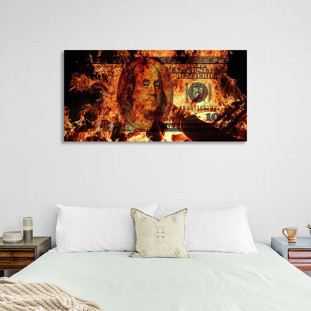 Inspirierender Kunstdruck auf Leinwand, 100 Dollar in Flammen