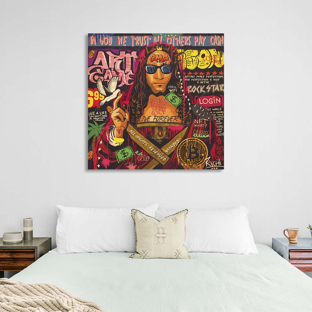 Pop-Art-Kunstdruck „Retter der Welt mit Bitcoin“ auf Leinwand